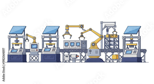 Automated factory production line with robotic arms and conveyor belts.