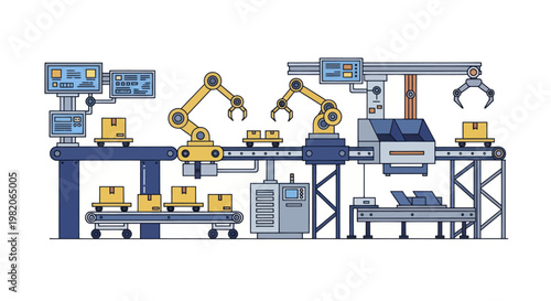 Automated factory production line with robotic arms and conveyor belts.