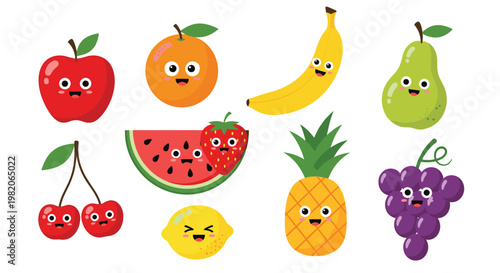 Group of cheerful cartoon fruit characters with adorable smiling faces for kids education and healthy eating.