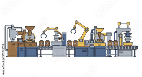 Automated Factory Production Line with Robotic Arms and Conveyor Belts.