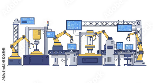 Automated factory production line with robotic arms and conveyor belts.