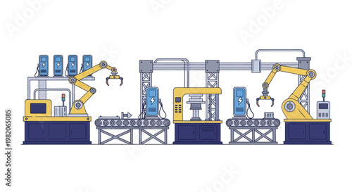 Automated factory production line with robotic arms and conveyor belts.