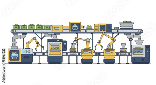 Automated Factory Production Line with Robotic Arms and Conveyor Belts.