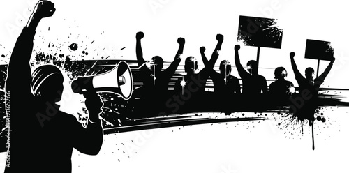 Protest crowd silhouette with megaphone and signs on grunge background.