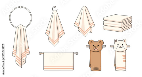 Selection of bathroom towels featuring folded stacks hanging cloths and cute animal characters for children and adults.