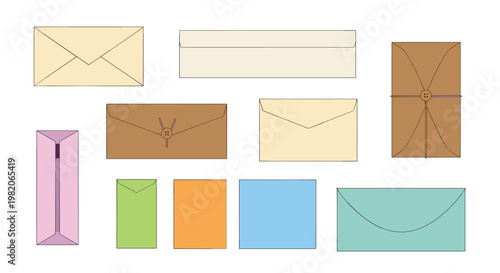 Set of diverse envelopes in various colors and closing styles for mail communication and personal stationery design.