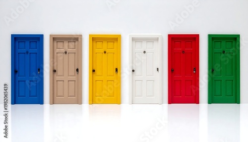 Six colorful doors standing in a row against a white wall reflect in a glossy floor