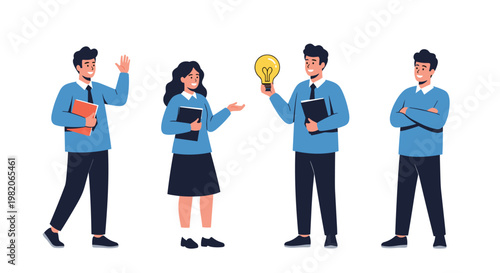 Group of students in uniform with one holding a glowing light bulb symbolizing a new creative idea or solution.