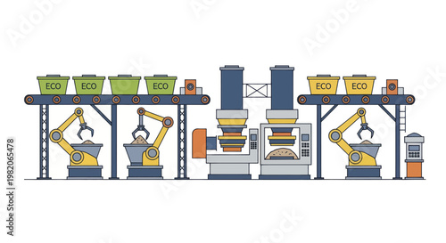 Automated factory production line with robotic arms and conveyor belts.