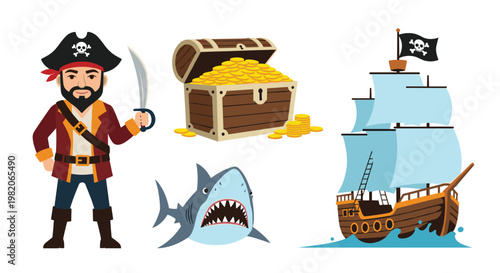 Pirate adventure theme with pirate character treasure chest full of gold coins shark and a large sailing ship.