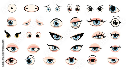 Comprehensive set of diverse eye expressions and styles for character animation and graphic design illustrations.