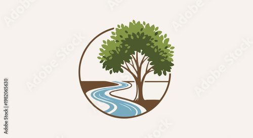 Stylized tree and flowing river within a circular frame
