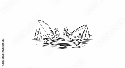 Two people in a rowboat fishing on a lake with trees and hills