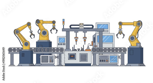 Automated factory production line with robotic arms and industrial machinery.