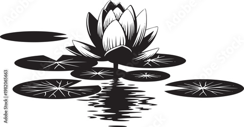 Black and white lotus flower with lily pads on water 1