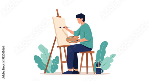 Talented male artist sitting in his studio and painting on a large canvas easel with pure creative inspiration.