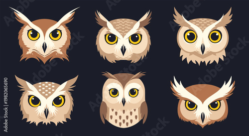 Collection of stylized owl head portraits featuring different feather patterns and intense yellow eye expressions.