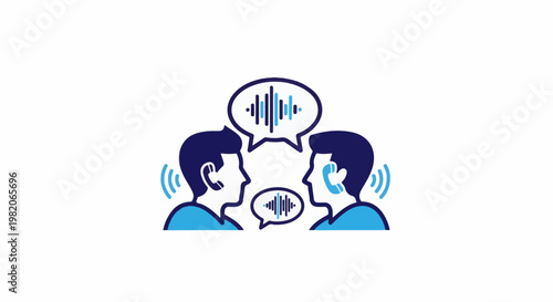 Two people in profile, communicating via speech bubbles with sound waves