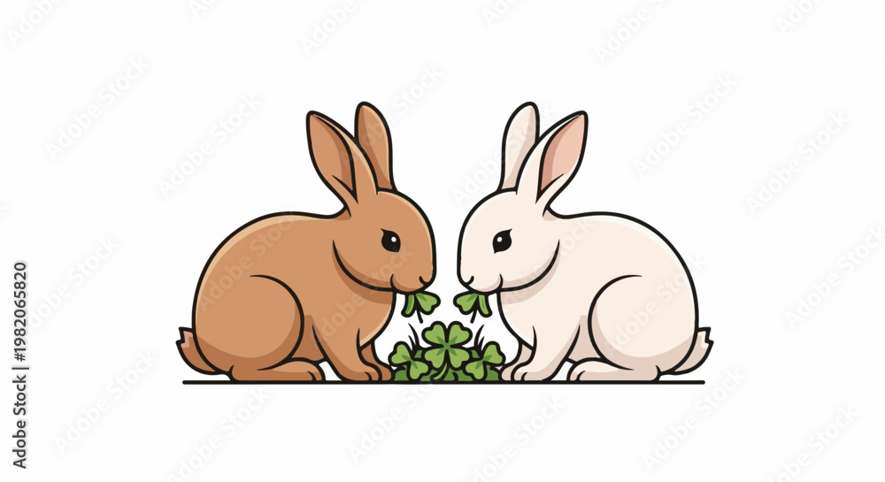 Obraz premium Two cartoon rabbits, one brown, one white, eating clover