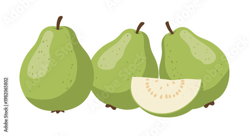 Fresh green guava fruits whole and sliced showing the internal seeds for tropical food and healthy fruit themes.