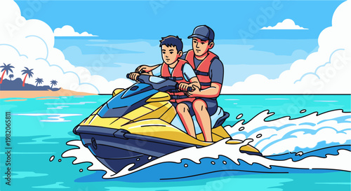 Two people on a yellow jet ski riding through blue water with palm trees