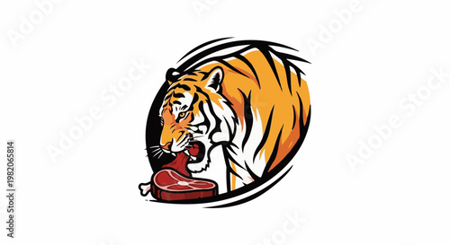 Stylized tiger aggressively tearing into a raw steak within an oval frame