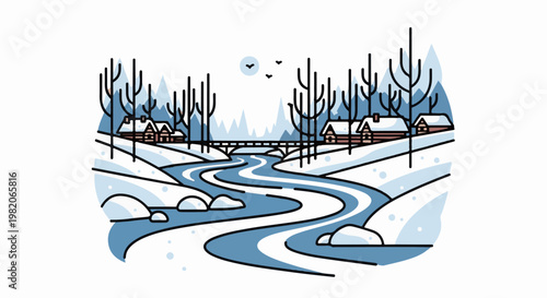 Stylized winter landscape with log cabins beside a winding river under bare trees
