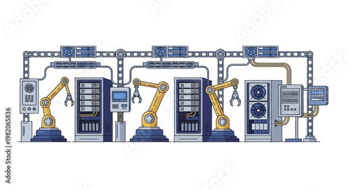 Automated factory production line with robotic arms and machinery.