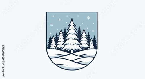 Stylized winter forest scene with falling snowflakes and snow-covered evergreen trees