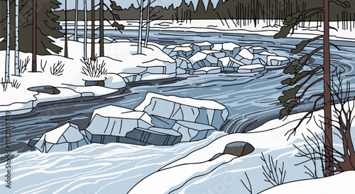 Stylized winter landscape with a flowing river and ice chunks