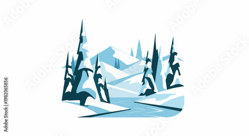 Stylized winter forest scene with snow-covered trees and mountains