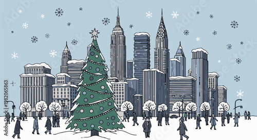 Stylized winter city skyline with snow falling and people walking