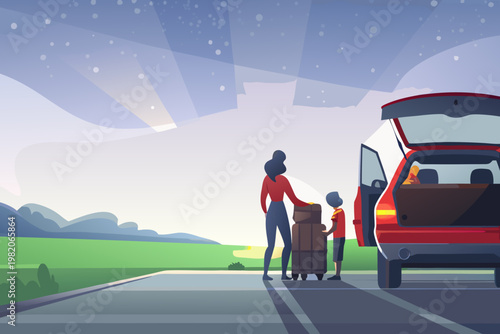 Road Trip Preparation Morning Scene Vector Illust