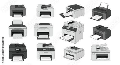 Diverse collection of office printer and copier models in different sizes and configurations for business needs.
