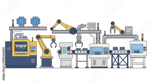 Automated factory production line with robotic arms and machinery.