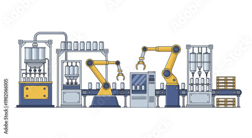 Automated factory production line with robotic arms and machinery.