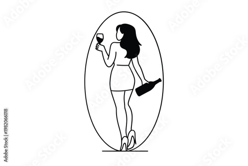Elegant woman holding wine glass and bottle in a simple oval frame