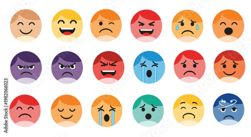 Large set of colorful avatar faces with various emotional expressions ranging from very happy to angry and sad.