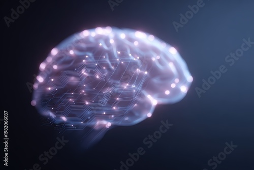A 3D glowing brain with circuit lines, mental health and AI medicine concept