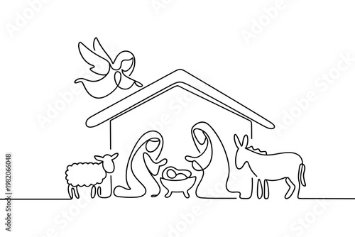 Continuous line drawing depicting the nativity scene with angel mary joseph and animals