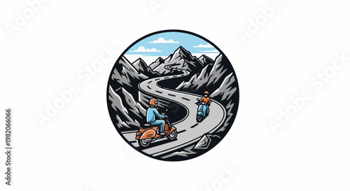 Two people ride scooters on a winding mountain road under a cloudy sky