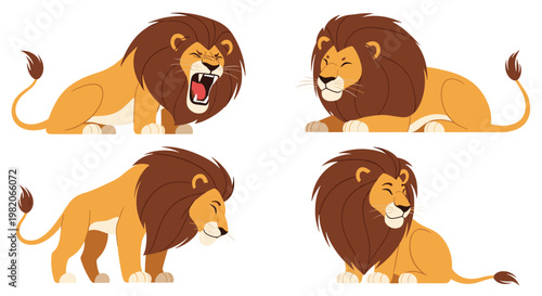Group of male lion characters in various natural poses including roaring walking sitting and resting on ground.