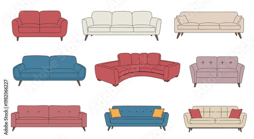 Large selection of various sofa and couch designs in different colors and styles for living room interior decor.
