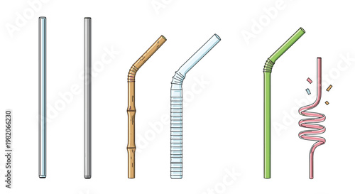 Assorted collection of various drinking straws including bamboo, metal, plastic, and playful spiral shapes isolated on white.