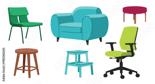 Selection of modern furniture pieces including chairs, an armchair, stools, and an ottoman in vibrant green and blue shades.
