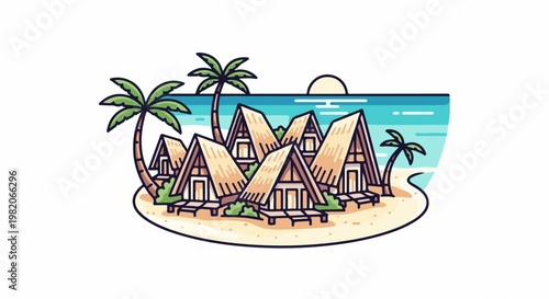 Tropical island scene with thatched-roof huts, palm trees, and ocean