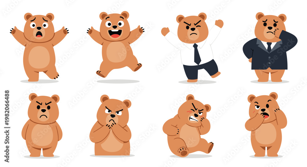 Fototapeta premium Cartoon bear character exhibiting a wide range of emotions and personas like being scared, happy, angry, or a professional businessman.