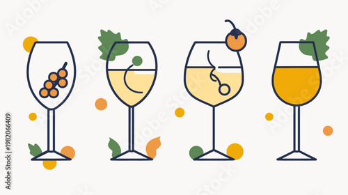 Stylized illustration of four wine glasses with various fillings and fruit accents