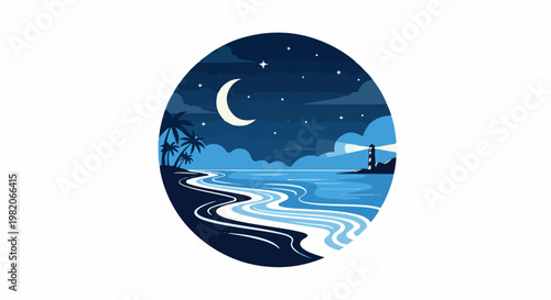 Tropical moonlit beach with a guiding lighthouse and palm trees