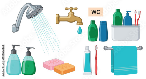 Comprehensive collection of bathroom essentials including shower head, faucet, shampoo bottles, soap bars, and clean blue towels.